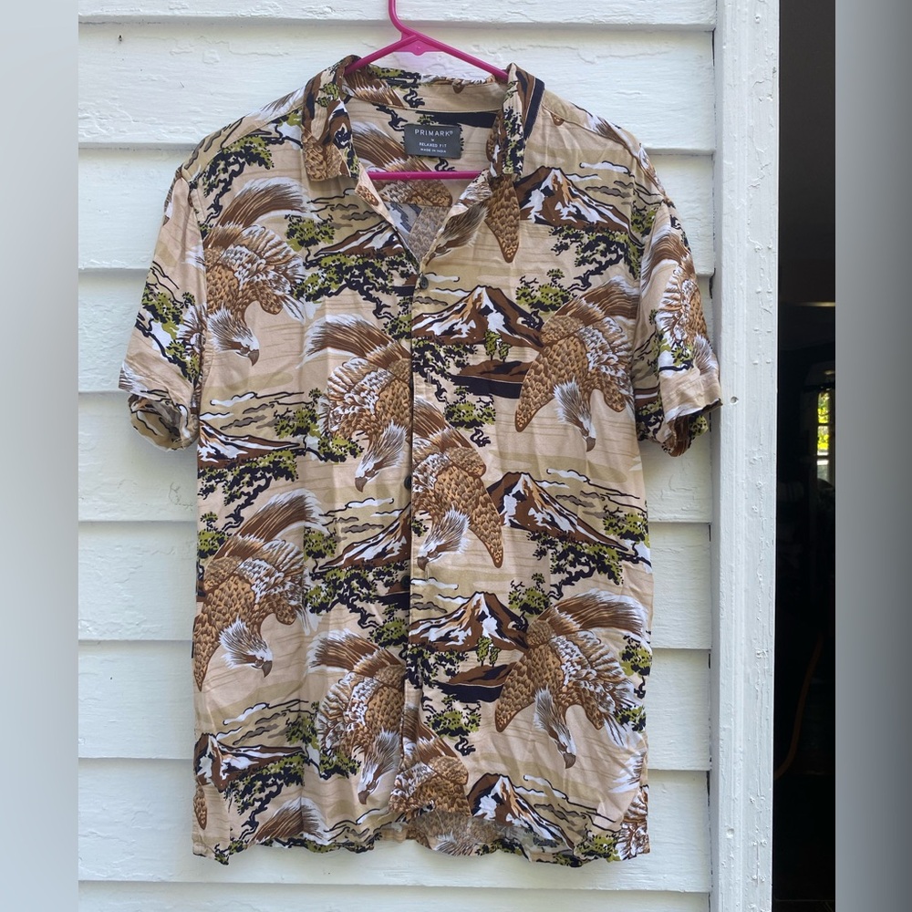 Primark Men's Tan and Brown Patterned Shirt Osprey Hawk Volcano 🌋 🦅🪶